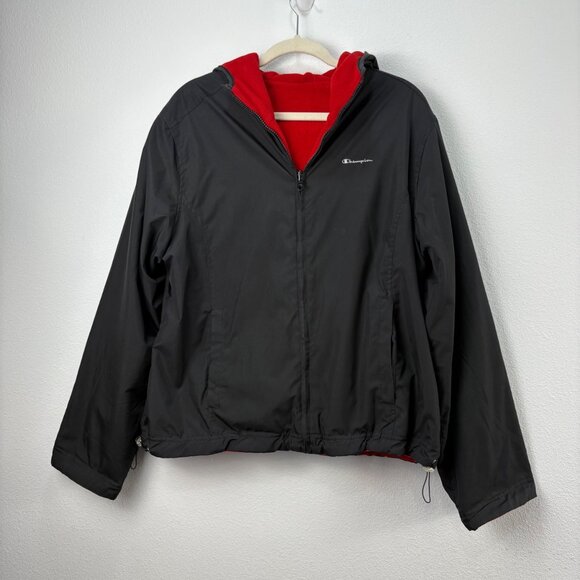 Vintage Champion Black Red Reversible Hooded Jacket Fleece Lining Zip-Up Large - Picture 5 of 9